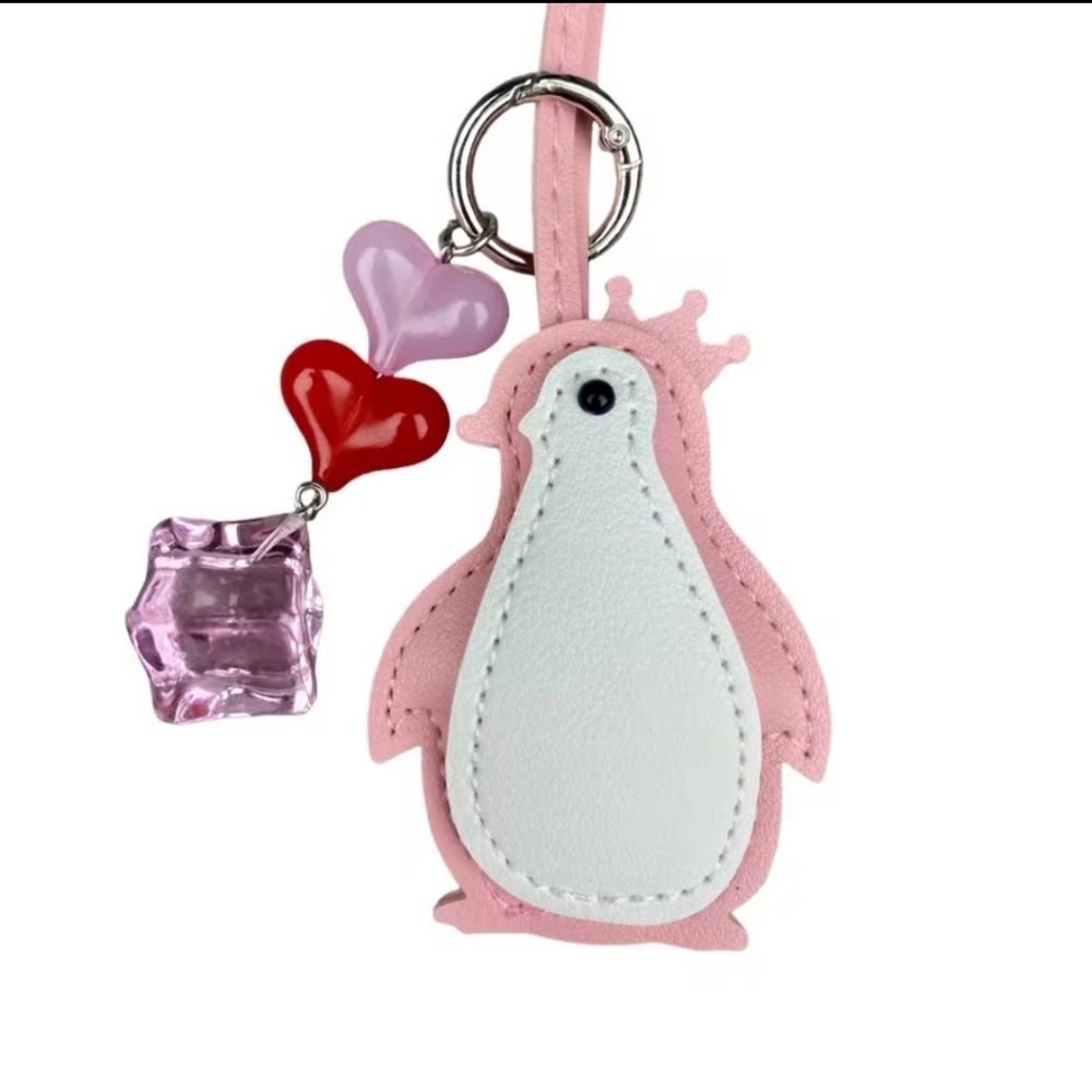 Pink Penguin Leather Keychain with Heart & Crystal Charms